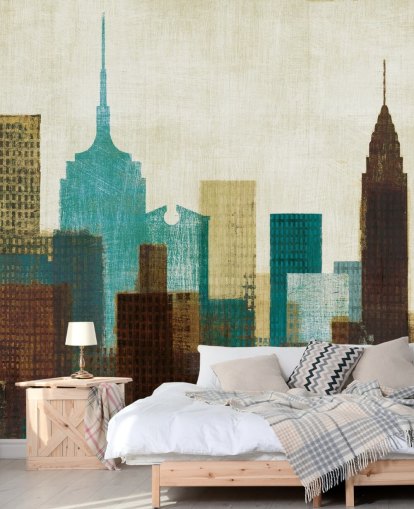 teal, cream and brown abstract city landscape wallpaper