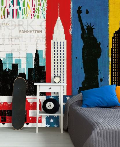 blauw, rood, geel en wit abstract van new york city behang