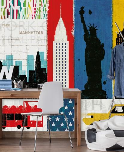 blauw, rood, geel en wit abstract van new york city behang