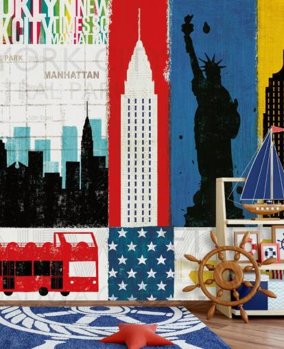 résumé bleu, rouge, jaune et blanc du papier peint de la ville de New York
