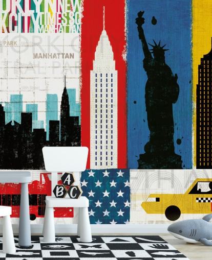 carta da parati blu, rosso, giallo e bianco astratto di new york city