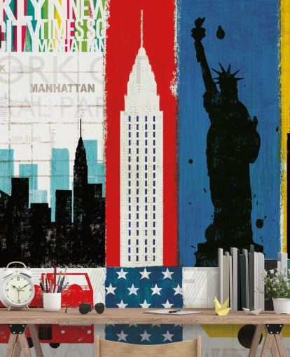 blue, red, yellow and white abstract of new york city wallpaper