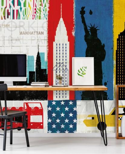 blauw, rood, geel en wit abstract van new york city behang blauw, rood, geel en wit abstract van new york city behang