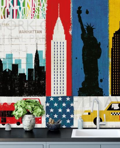 résumé bleu, rouge, jaune et blanc du papier peint de la ville de New York