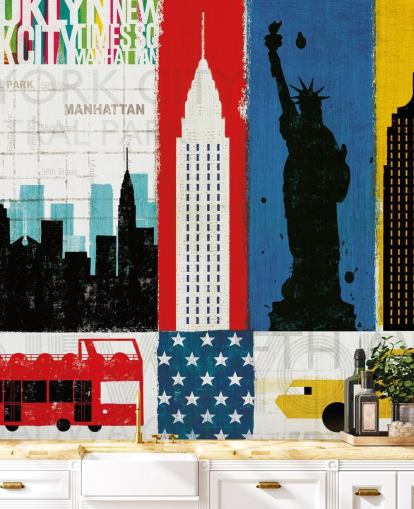 blå, rød, gul og hvit abstrakt av new york city tapet