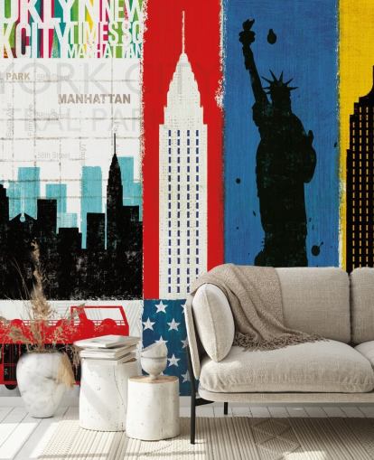 blue, red, yellow and white abstract of new york city wallpaper