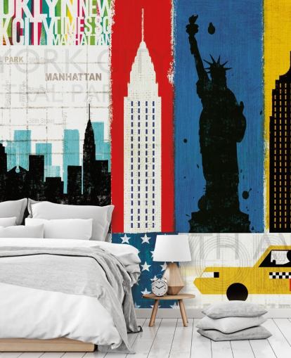 carta da parati blu, rosso, giallo e bianco astratto di new york city