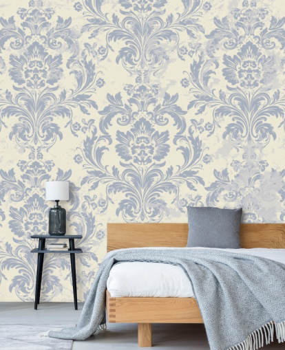 behangmuurschildering met wit en blauw patroon genaamd Classical Damask voor slaapkamers, woonkamers en gangen behangmuurschildering met wit en blauw patroon genaamd Classical Damask voor slaapkamers, woonkamers en gangen