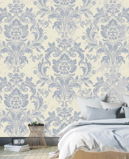 hvitt og blått mønster tapet veggmaleri kalt Klassisk damask for soverom, stuer og ganger