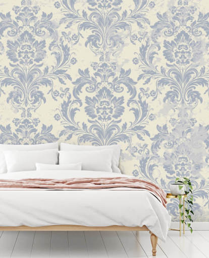 white and blue pattern wallpaper mural called Classical Damask for bedrooms, living rooms and hallways