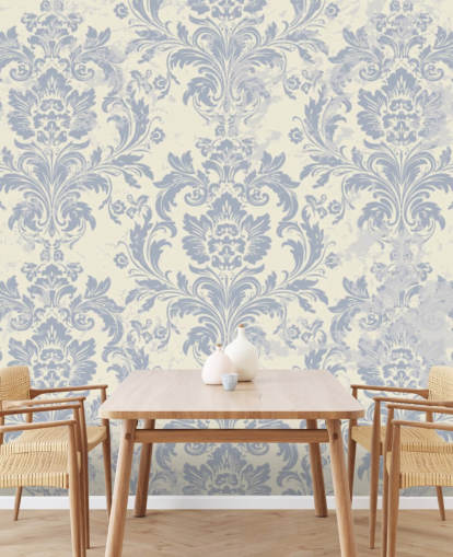 Tapeten-Wandbild mit weißem und blauem Muster namens Classical Damask für Schlafzimmer, Wohnzimmer und Flure