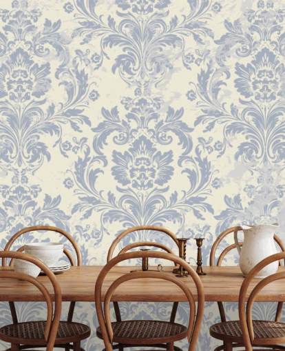 white and blue pattern wallpaper mural called Classical Damask for bedrooms, living rooms and hallways