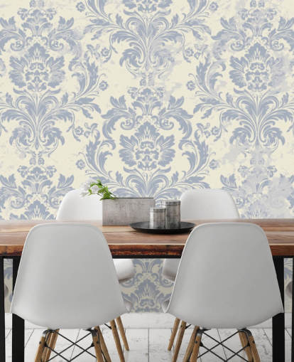 papier peint mural à motifs blancs et bleus appelé Classical Damask pour les chambres, les salons et les couloirs papier peint mural à motifs blancs et bleus appelé Classical Damask pour les chambres, les salons et les couloirs