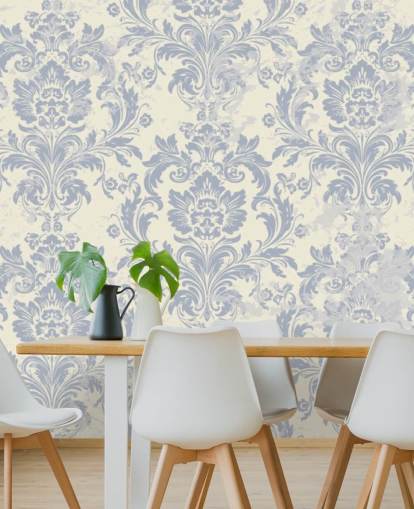 hvidt og blåt mønster tapet vægmaleri kaldet Klassisk damask til soveværelser, stuer og gange
