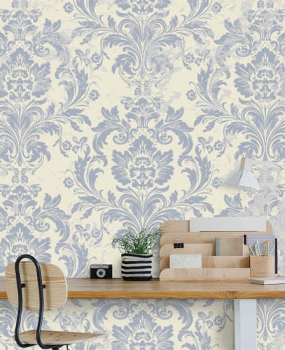 Tapeten-Wandbild mit weißem und blauem Muster namens Classical Damask für Schlafzimmer, Wohnzimmer und Flure
