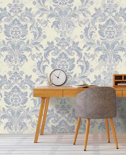 behangmuurschildering met wit en blauw patroon genaamd Classical Damask voor slaapkamers, woonkamers en gangen behangmuurschildering met wit en blauw patroon genaamd Classical Damask voor slaapkamers, woonkamers en gangen