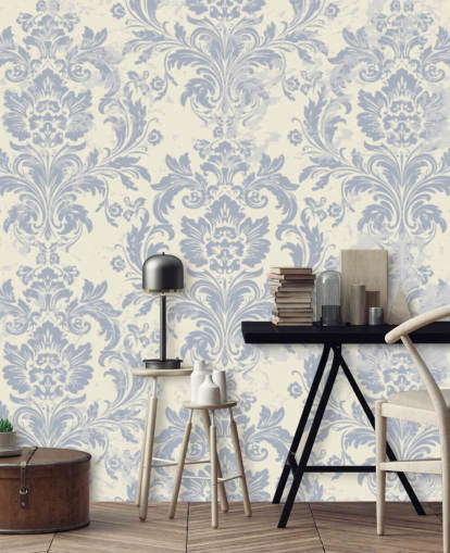 Tapeten-Wandbild mit weißem und blauem Muster namens Classical Damask für Schlafzimmer, Wohnzimmer und Flure