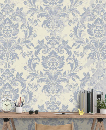 white and blue pattern wallpaper mural called Classical Damask for bedrooms, living rooms and hallways