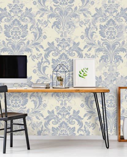 white and blue pattern wallpaper mural called Classical Damask for bedrooms, living rooms and hallways