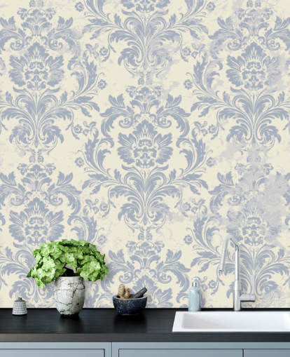 hvitt og blått mønster tapet veggmaleri kalt Klassisk damask for soverom, stuer og ganger