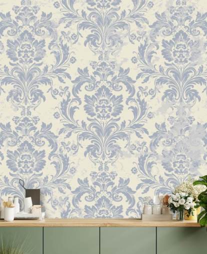 white and blue pattern wallpaper mural called Classical Damask for bedrooms, living rooms and hallways