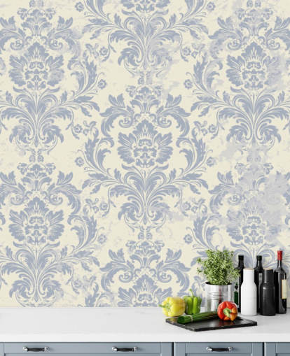 white and blue pattern wallpaper mural called Classical Damask for bedrooms, living rooms and hallways