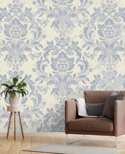 mural de papel de parede com padrão branco e azul chamado Classical Damask para quartos, salas de estar e corredores