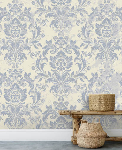 white and blue pattern wallpaper mural called Classical Damask for bedrooms, living rooms and hallways