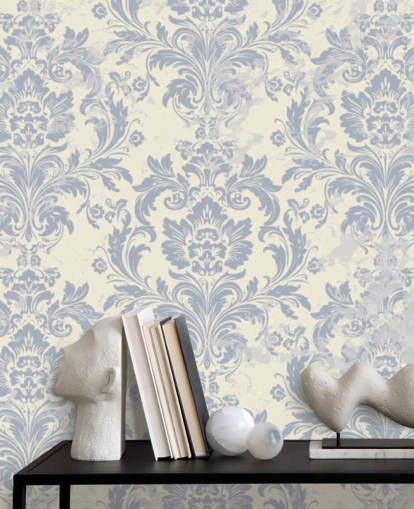 white and blue pattern wallpaper mural called Classical Damask for bedrooms, living rooms and hallways