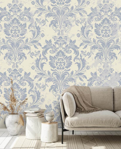 mural de papel pintado con estampado blanco y azul llamado Damasco clásico para dormitorios, salas de estar y pasillos