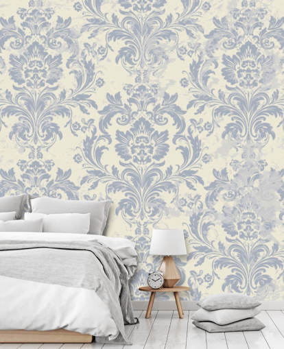 white and blue pattern wallpaper mural called Classical Damask for bedrooms, living rooms and hallways