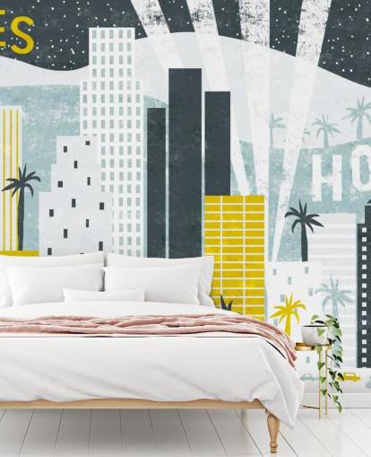 wit, blauw en geel stadsabstract van LA behang