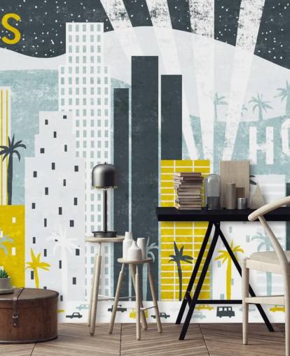 wit, blauw en geel stadsabstract van LA behang wit, blauw en geel stadsabstract van LA behang