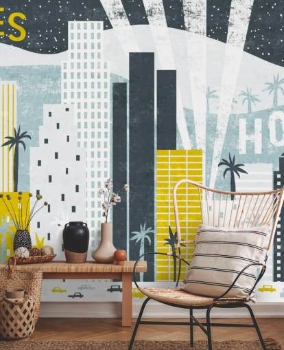 Resumen de la ciudad blanca, azul y amarilla del papel pintado de Los Ángeles