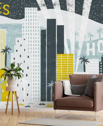 vit, blå och gul stad abstrakt av LA tapeter