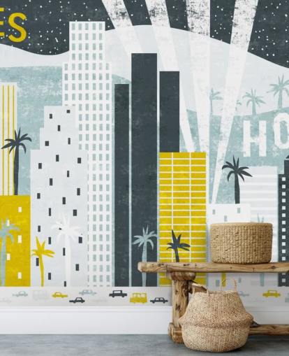 white, blue and yellow city abstract of LA wallpaper