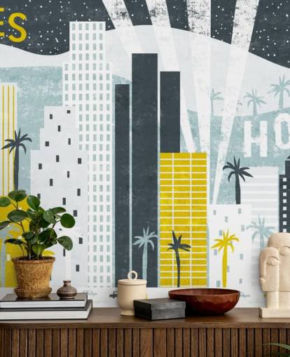 wit, blauw en geel stadsabstract van LA behang wit, blauw en geel stadsabstract van LA behang