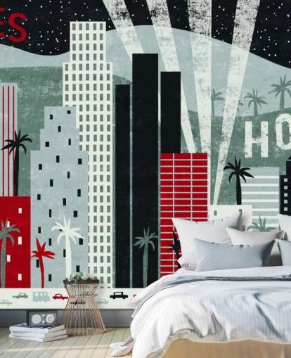 red customisable LA wallpaper mural called Hey Los Angeles Red by Michael Mullan red customisable LA wallpaper mural called Hey Los Angeles Red by Michael Mullan