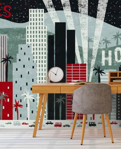 mural de papel de parede vermelho personalizável de LA chamado Hey Los Angeles Red de Michael Mullan