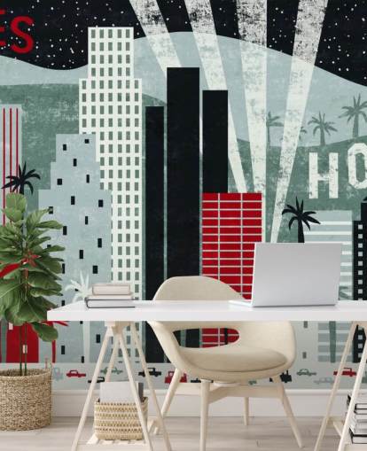 red customisable LA wallpaper mural called Hey Los Angeles Red by Michael Mullan