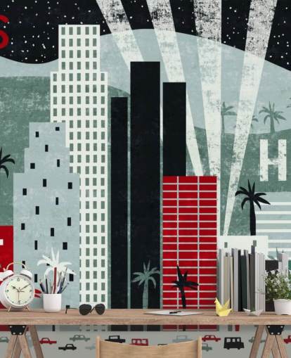 red customizable LA wallpaper mural called Hey Los Angeles Red by Michael Mullan