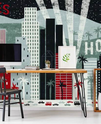 mural de papel de parede vermelho personalizável de LA chamado Hey Los Angeles Red de Michael Mullan