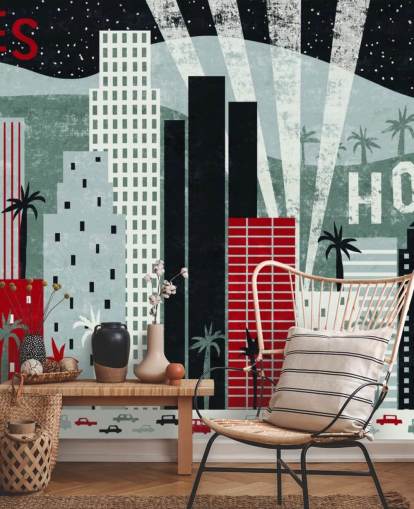 red customizable LA wallpaper mural called Hey Los Angeles Red by Michael Mullan