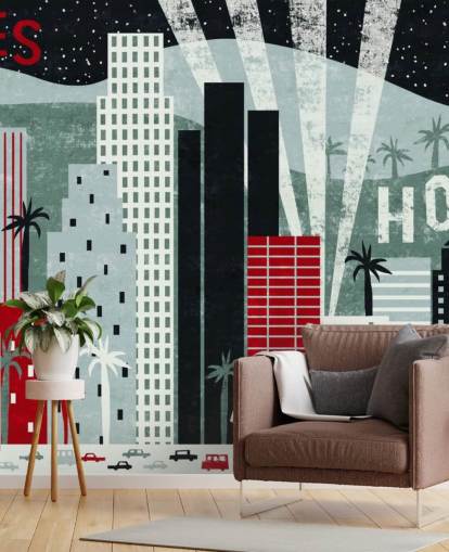 red customisable LA wallpaper mural called Hey Los Angeles Red by Michael Mullan