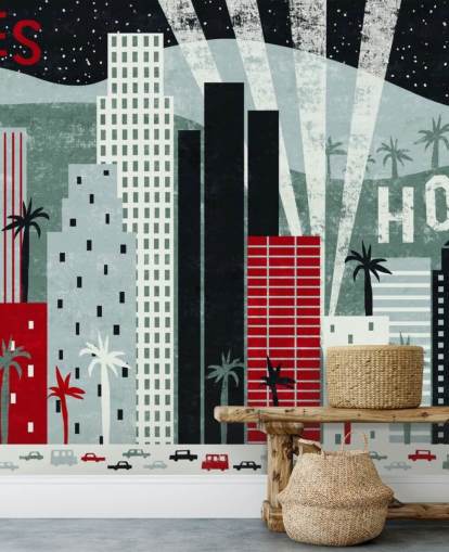 mural rojo personalizable de papel pintado de Los Ángeles llamado Hey Los Angeles Red de Michael Mullan