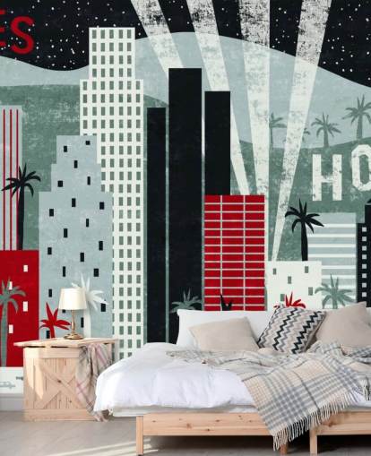 carta da parati murale rossa personalizzabile di Los Angeles chiamata Hey Los Angeles Red di Michael Mullan carta da parati murale rossa personalizzabile di Los Angeles chiamata Hey Los Angeles Red di Michael Mullan