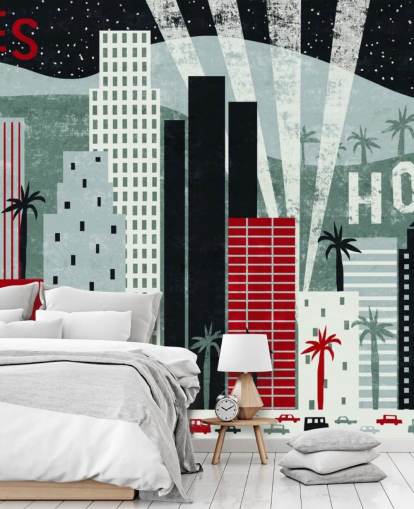 papier peint mural rouge personnalisable de Los Angeles appelé Hey Los Angeles Red par Michael Mullan