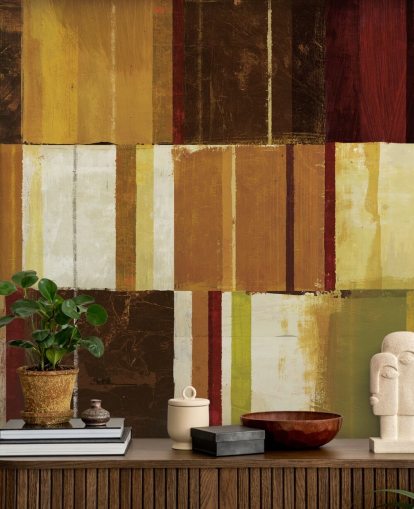 Papier peint ligné marron, rouge et vert