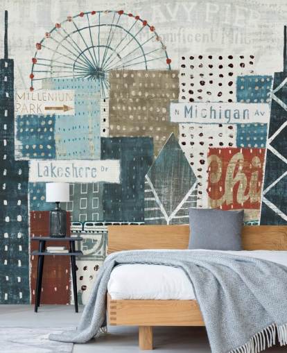 blauw-witte skyline behangmuurschildering genaamd Hey Chicago van Michael Mullan voor woningen, kantoren en bedrijven blauw-witte skyline behangmuurschildering genaamd Hey Chicago van Michael Mullan voor woningen, kantoren en bedrijven