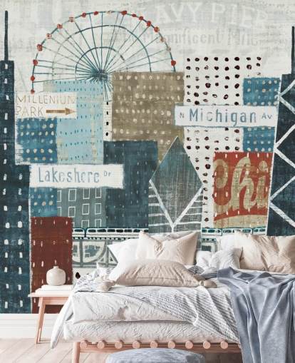 mural de papel de parede com horizonte azul e branco chamado Hey Chicago de Michael Mullan para residências, escritórios e empresas